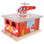 Bigjigs Rail Wooden Fire Station Shed with Helicopter – Railway Train Set Accessory, 2-Piece Set