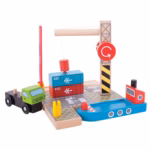 Bigjigs Rail Container Shipping Yard – 4-Piece Wooden Railway Accessory Set with Working Crane