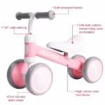 Allobebe Baby Balance Bike 4-Wheel Ride-On – Pink, Adjustable Seat, Silent Wheels, 12–30 Months - Image 2